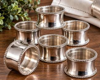 Set of 6 Heavy Silver-Tone Beaded Napkin Rings