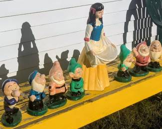 Vintage Cement Snow White & Seven Dwarfs Garden Statue Set β Vibrant Paint