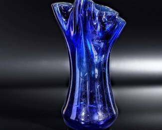 Vintage Mid-Century Cobalt Glass Ruffled Handkerchief Vase