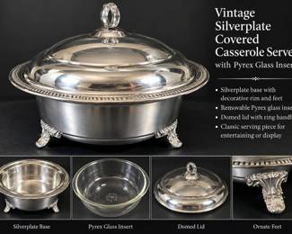 Vintage Silverplate Covered Casserole with Pyrex Insert