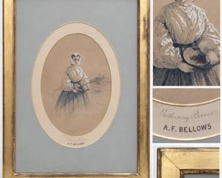 Antique A.F. Bellows "Gathering Berries" Matted Print in Elegant Vintage Gilt Frame