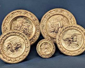 5 Vintage Brass Repousse Wall Plates