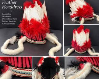 Red & White Feather Headdress with Fur & Woven Brow Band