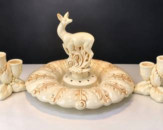 1930sβ40s Red Wing Acanthus Console Set β Deer Flower Frog & Candlesticks