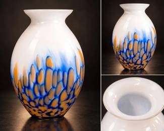 White Art Glass Vase with Blue & Amber Spatter β 9"