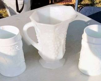 Pair Heavy Indiana Glass Milk Glass Mugs & AH Milk Glass Pitcher