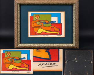 Signed Mid-Century Modern Abstract Flute Player Art β Framed