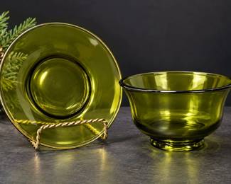 Vintage Olive Green Glass Mayonnaise Bowl & Underplate
