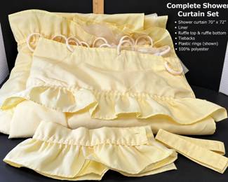 Pale Yellow Ruffled Shower Curtain Set with Liner, Rings & Tiebacks