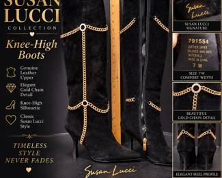 New Susan Lucci Black Suede Knee-High Boots with Gold Chain β Size 7W