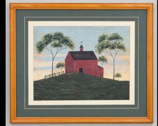 Large Framed Primitive Red Church Folk-Art Print