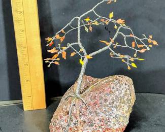 1970s Wire Bonsai Tree Sculpture on Leopard Skin Jasper