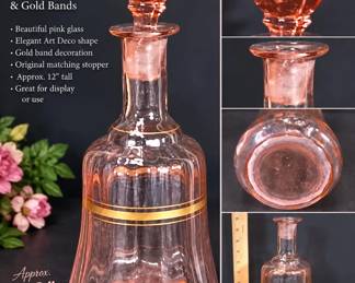 1930sβ50s Pink Art Deco Glass Decanter β Gold Bands, Faceted Stopper