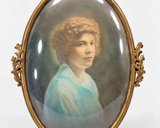 Large Brass Oval Portrait Frame with Convex Glass & Lady Print