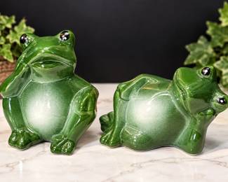 Pair Green Ceramic Frog Figurines