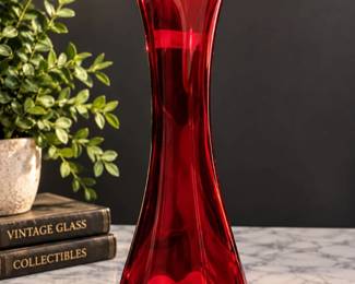 Tall Ruby Red Swung Glass Vase β Ruffled Rim, 16"+