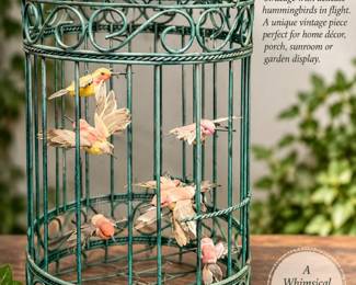 Decorative Teal Metal Birdcage with Hummingbirds