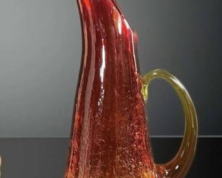 1960s Amberina Crackle Swung Glass Pitcher β 14", Glows Under UV