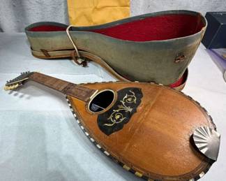 Antique c. 1900 Bowlback Tater Bug Mandolin β Ornate Inlay, Original Fabric-Lined Case