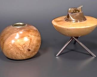 Atomic Age Graymor Flying Saucer Lighter & Myrtlewood Candle Holder