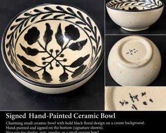 Signed Hand-Painted Black & Cream Floral Ceramic Bowl