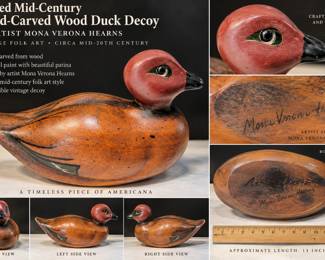 Signed Mid-Century Hand-Carved Wood Duck Decoy β Mona Verona Hearns