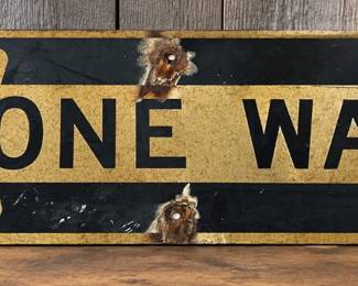 Vintage Metal ONE WAY Road Sign β Black & Gold, Approx. 36"