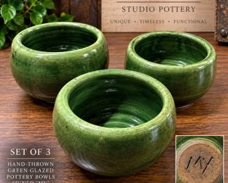 Set of 3 Handmade Green Studio Pottery Bowls β Signed