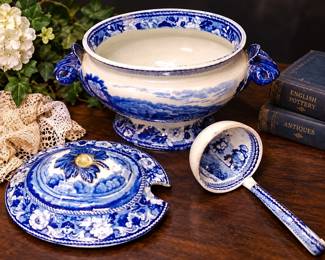 Antique Stanley Pottery Touraine Flow Blue Soup Tureen with Ladle