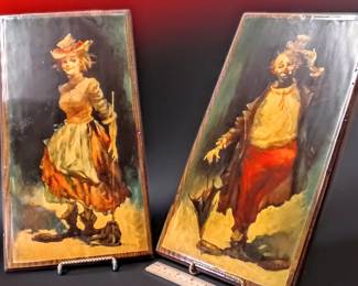 Pair Mid-Century Julian Ritter Leo & Jane Clown Prints on Wood