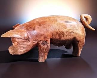 Mid-Century Hand-Carved Wood Pig Folk Art Sculpture