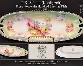 c. 1914β18 P.K. Silesia Floral Porcelain Handled Serving Dish β 12"