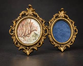 A.D. Aldrich Signed Miniature Coral Painting in Italian Brass Frame + Extra Frame