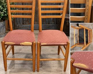 Pair Maple Ladder-Back Dining Chairs - Upholstered Seats - 34" H