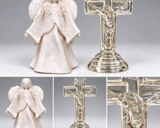 Ceramic Angel Figurine & Glass Crucifix Religious Decor Lot