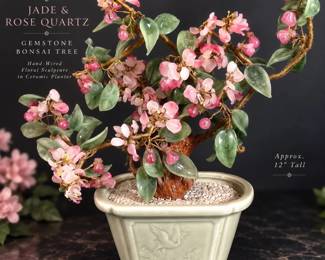 Chinese Rose Quartz & Jade Gemstone Bonsai Tree