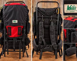 REI External Frame Hiking Backpack - Black/Red with Padded Straps & Multiple Pockets