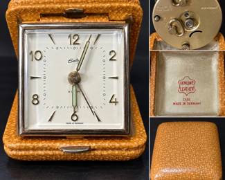 Vintage German Wind-Up Travel Alarm Clock in Leather Case