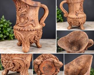 Large Hand-Carved Wood Ewer with Floral Scrollwork β 15"