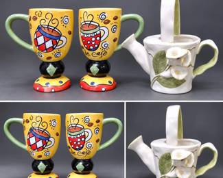 2 Whimsical Cafe Pedestal Mugs & Floral Ceramic Watering Can Lot