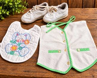 Quilted Baby Bib, Terry Vest & 1980s Nike Toddler Shoes