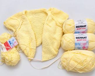 Bernat Softee Baby Yellow Yarn Lot with Unfinished Baby Sweater & Knitting Needles