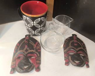 Starbucks Mug, 2 Carved Wood Masks, Glass Creamer & Bowl