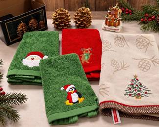 December Home Holiday Towels, Gold Pinecone Decor & Castle Ornament