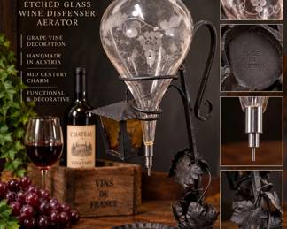 Vintage Austrian Wrought Iron & Etched Glass Wine Dispenser / Aerator β Grapevine Design