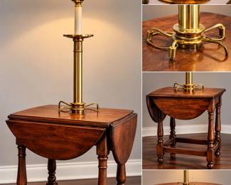 Frederick Cooper Brass Column Lamp w/ Attached Drop-Leaf Wood Side Table