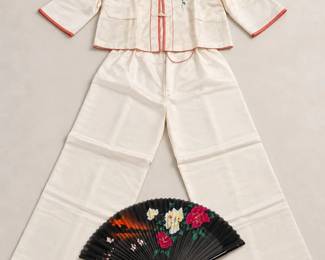 Asian Silk 2-Pc Outfit β Embroidered Birds & Florals with Fan