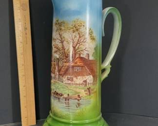Tall Antique German Hand-Painted Scenic Porcelain Pitcher, c. 1900