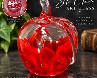 St. Clair Hand-Blown Red Glass Apple Paperweight β Signed