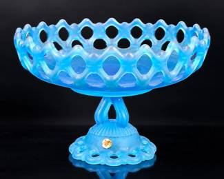 Westmoreland Doric Blue Satin Glass Open Lace Compote β Mid-Century